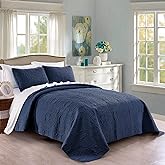 Pure Bedding Quilt Set Full/Queen Size Navy - Oversized Bedspread - Soft Microfiber Lightweight Coverlet for All Season - 3 Piece Includes 1 Quilt and 2 Shams, Geometric Pattern