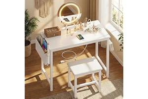 KAI-ROAD Small Vanity Desk with Mirror and Lights - Makeup Mini Girls Vanity Set Table with Chair, Power Outlet, White Compact Make Up Dressing Table for Kids Bedroom