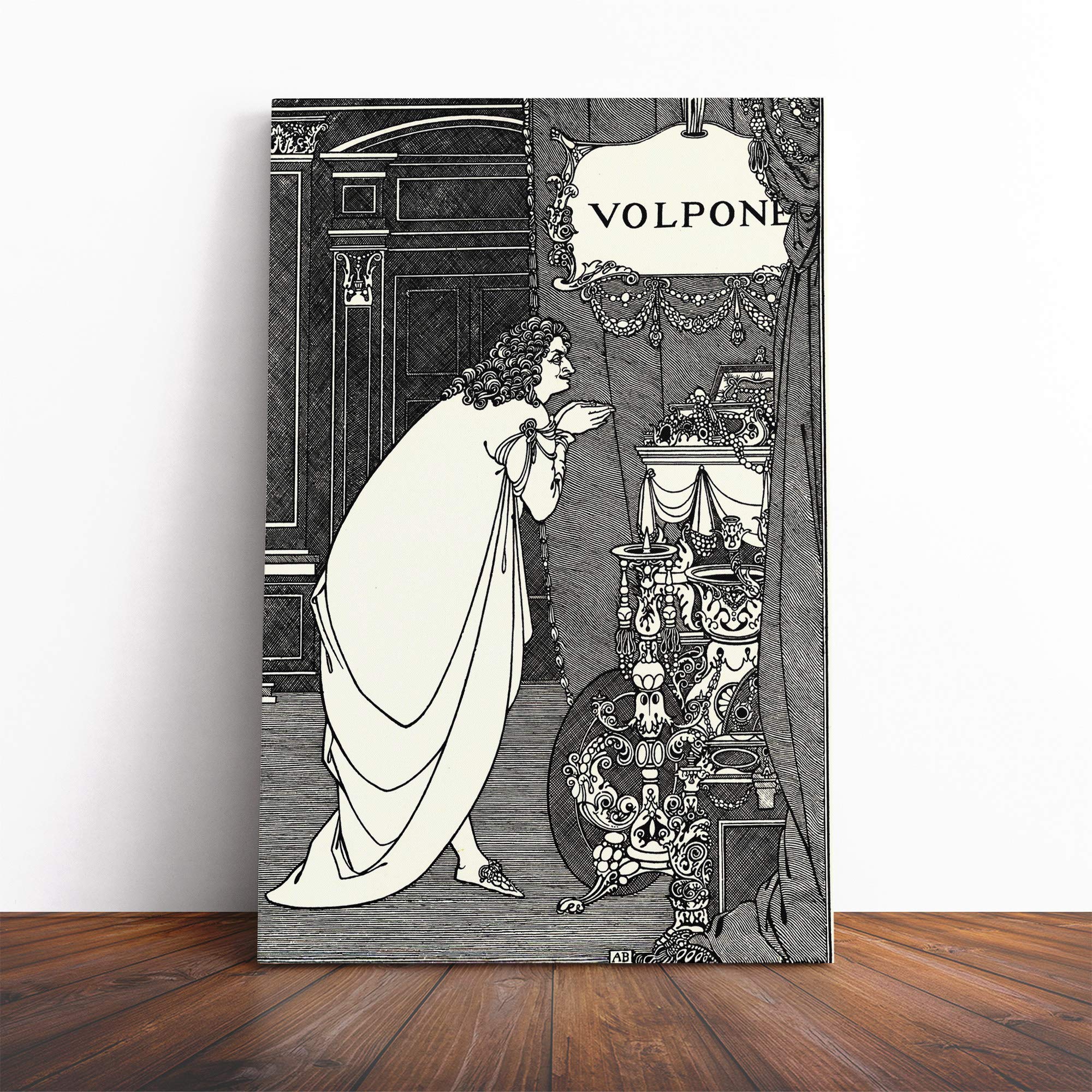 Aubrey Beardsley Volpone Adoring his Teasures Canvas Print | Gallery Wrapped 30mm Frame Wall Art | 20x14 inches | Ready to Hang | Modern Picture | Living Room Bedroom Lounge Office