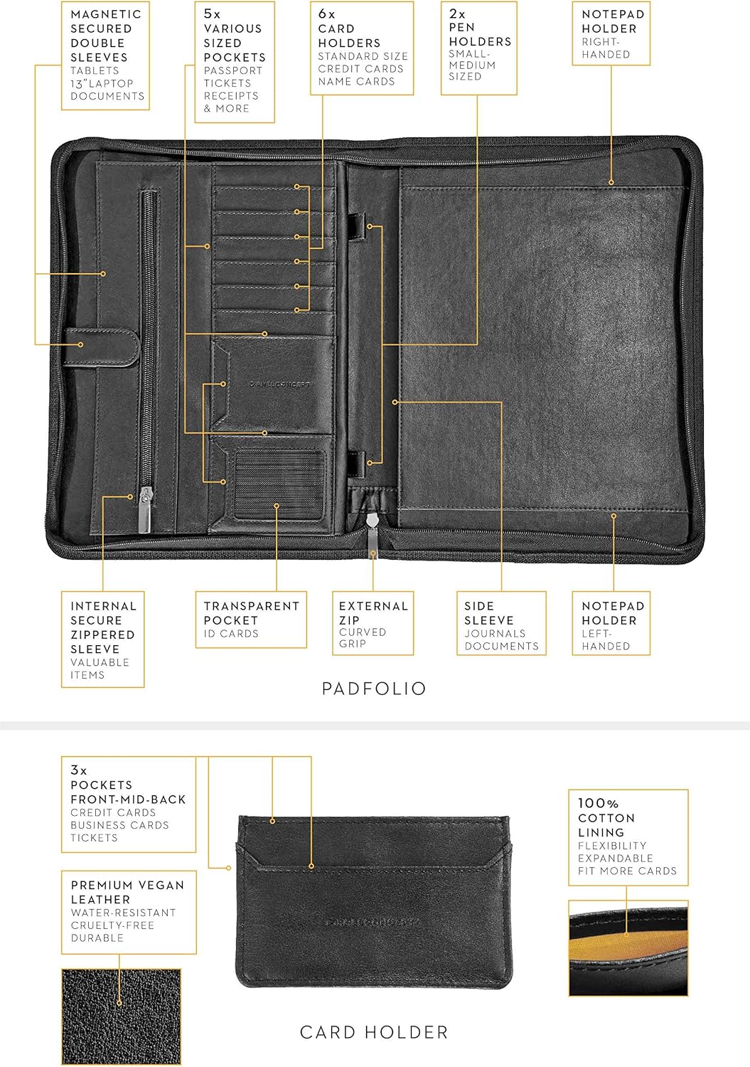 CARMEL CONCEPT Professional Padfolio with Bonus Business Card Holder, Vegan Leather Portfolio Folder with Zippered Closure - Image 4