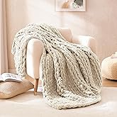 WRENSONGE Chunky Knit Blanket Throw Beige Large Soft Fluffy Cable Knit Crochet Throw 100% Hand Knitted Blanket for Couch Bed(50"x60")