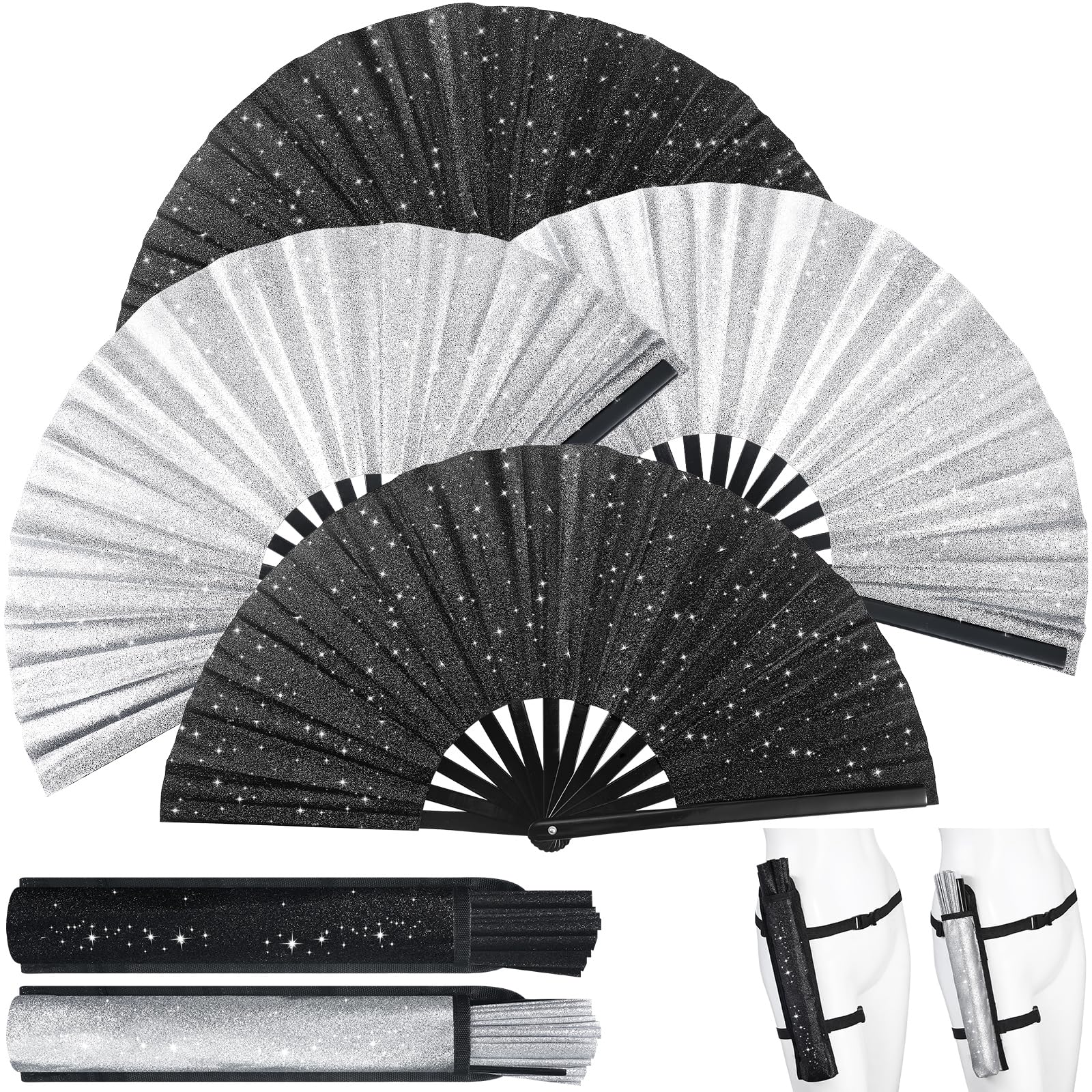 Photo 1 of Threehoney 4 Pack Large Rave Fan Folding Shiny Clack Hand Fan with Fabric Case Bag and Leg Strap for Music Festival Dance Club Carnival Disco Party Supplies(Black,Sliver)