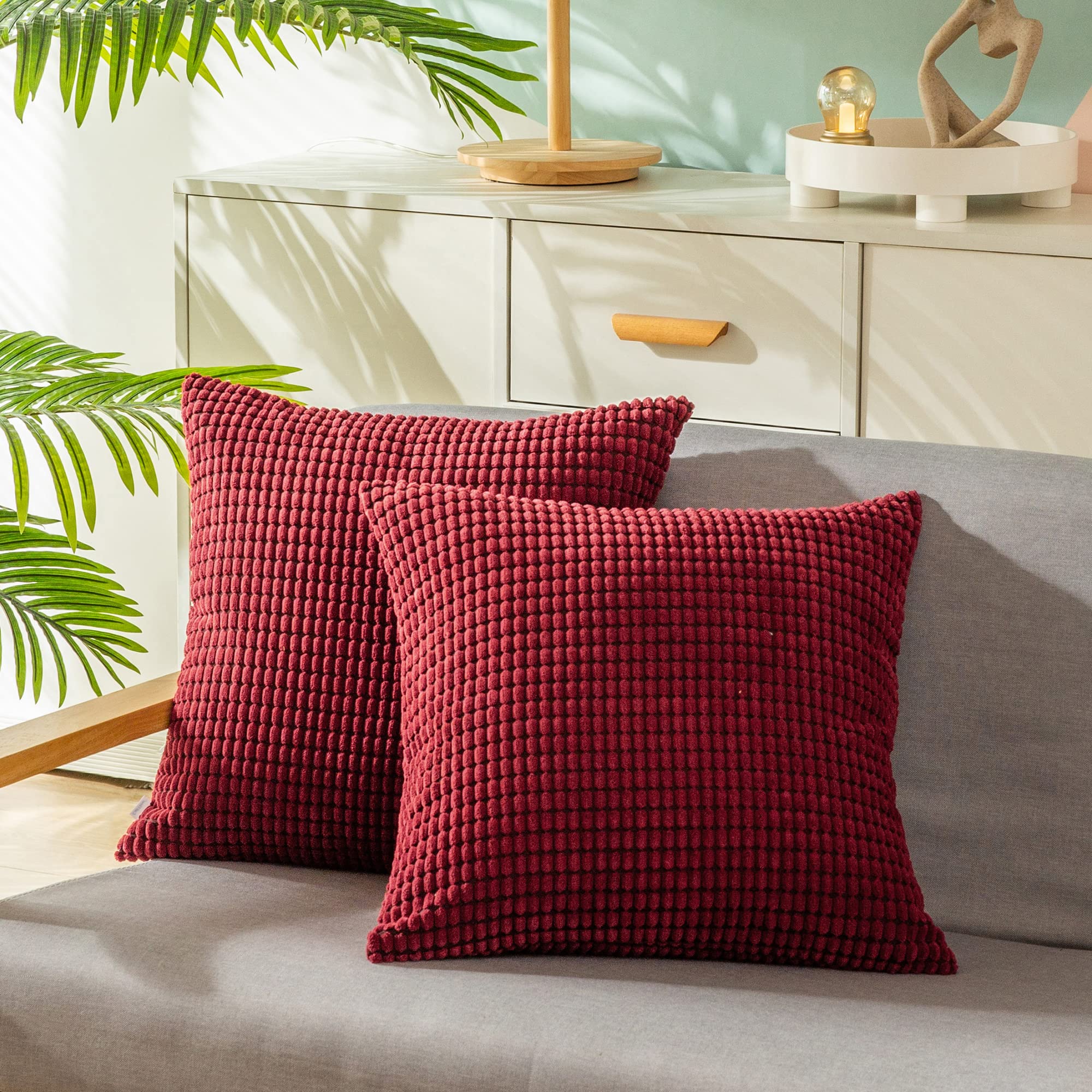 CaliTime Cushion Covers 2 Pack Comfortable Cushion Covers for Couch Sofa Bed Comfortable Super Soft Corduroy Corn Stripe Both Sides 45cm x 45cm Burgundy — image 1