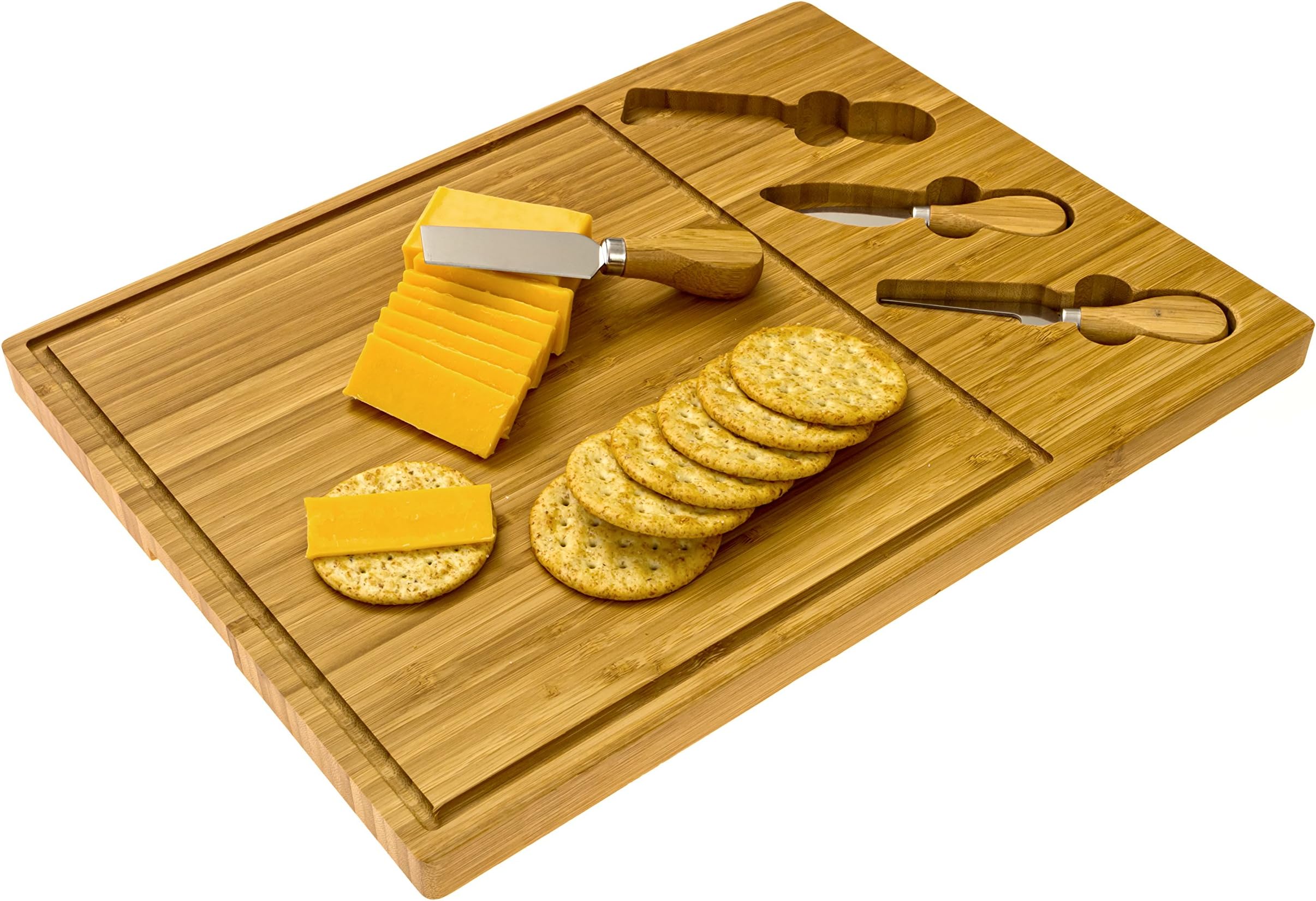 Cheese Board Cheese Cutting Board with 3 Cheese Stainless Steel Knives/Tools Made of Organic Bamboo Wood by Intriom Bamboo Collection