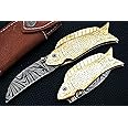 Smart & Sharp Custom Handmade Damascus Steel Fish Knife/Folding Knife/Pocket Knife SS-17370(Brass Engraved Handle)