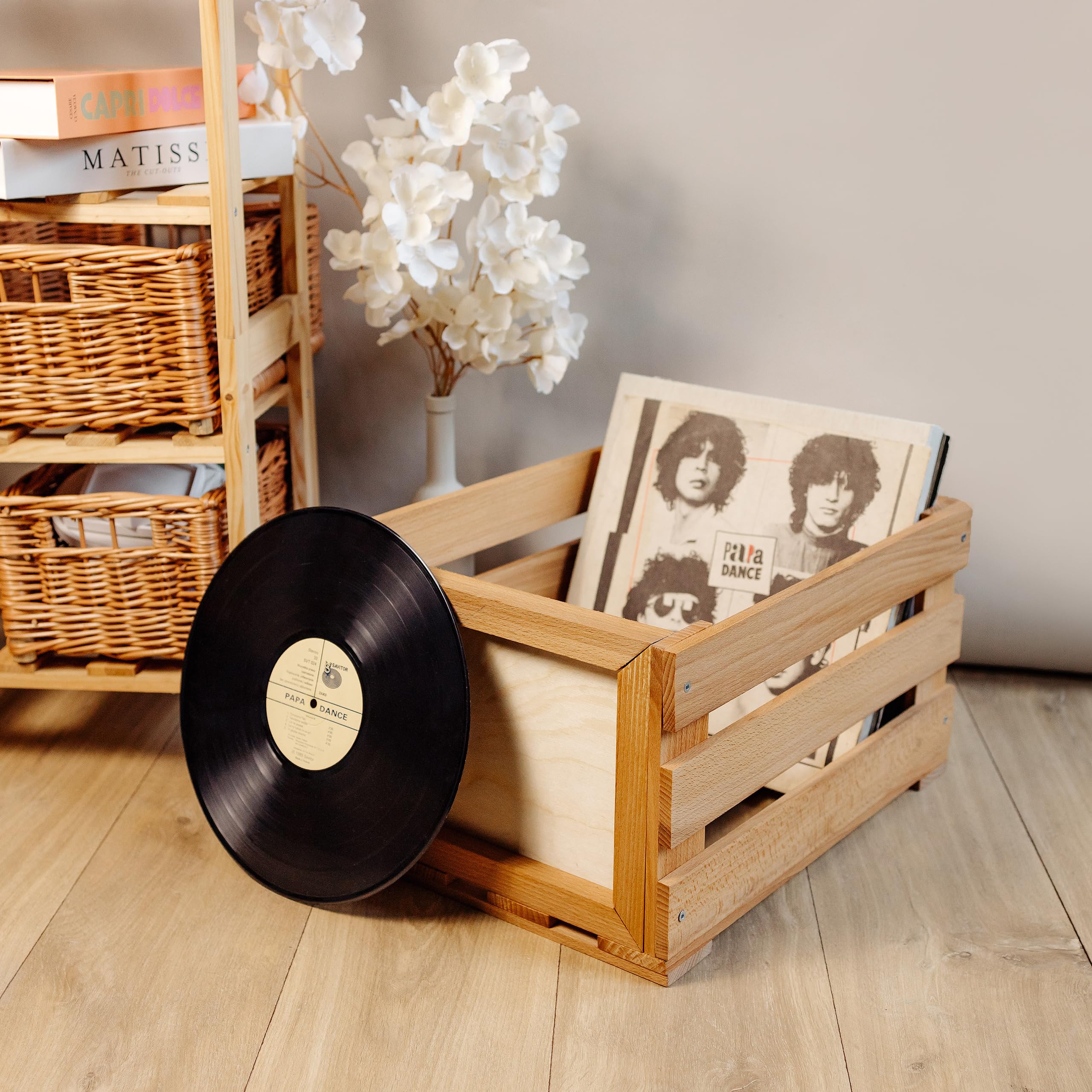 Creative Deco Vinyl Box zur Aufbewahrung bis zu 80 Schallplatten | Regal Holzbox 46x36x25 cm (+/- 1cm) | Schallplattenkiste Holz | Buchenholz LP Kiste für Obst, Gemüse, Wein, Spielzeugkiste 2