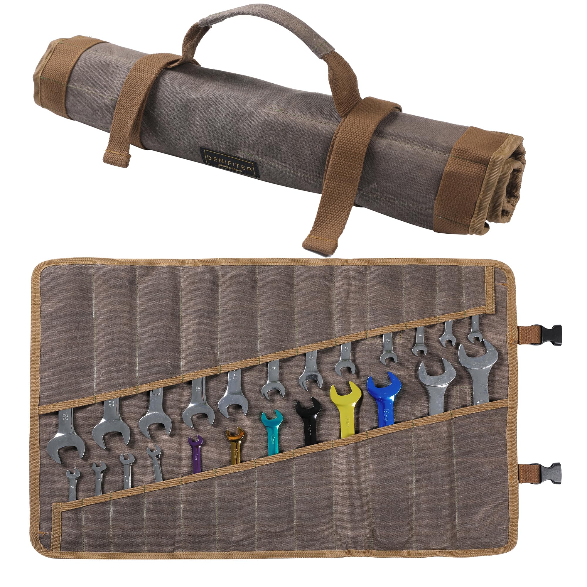 Photo 1 of Tool Roll Bag with 24 Pockets,Heavy Duty 16oz Waxed Canvas Tool Pouches with Buckle,Wrench Roll Organizer Metric & SAE