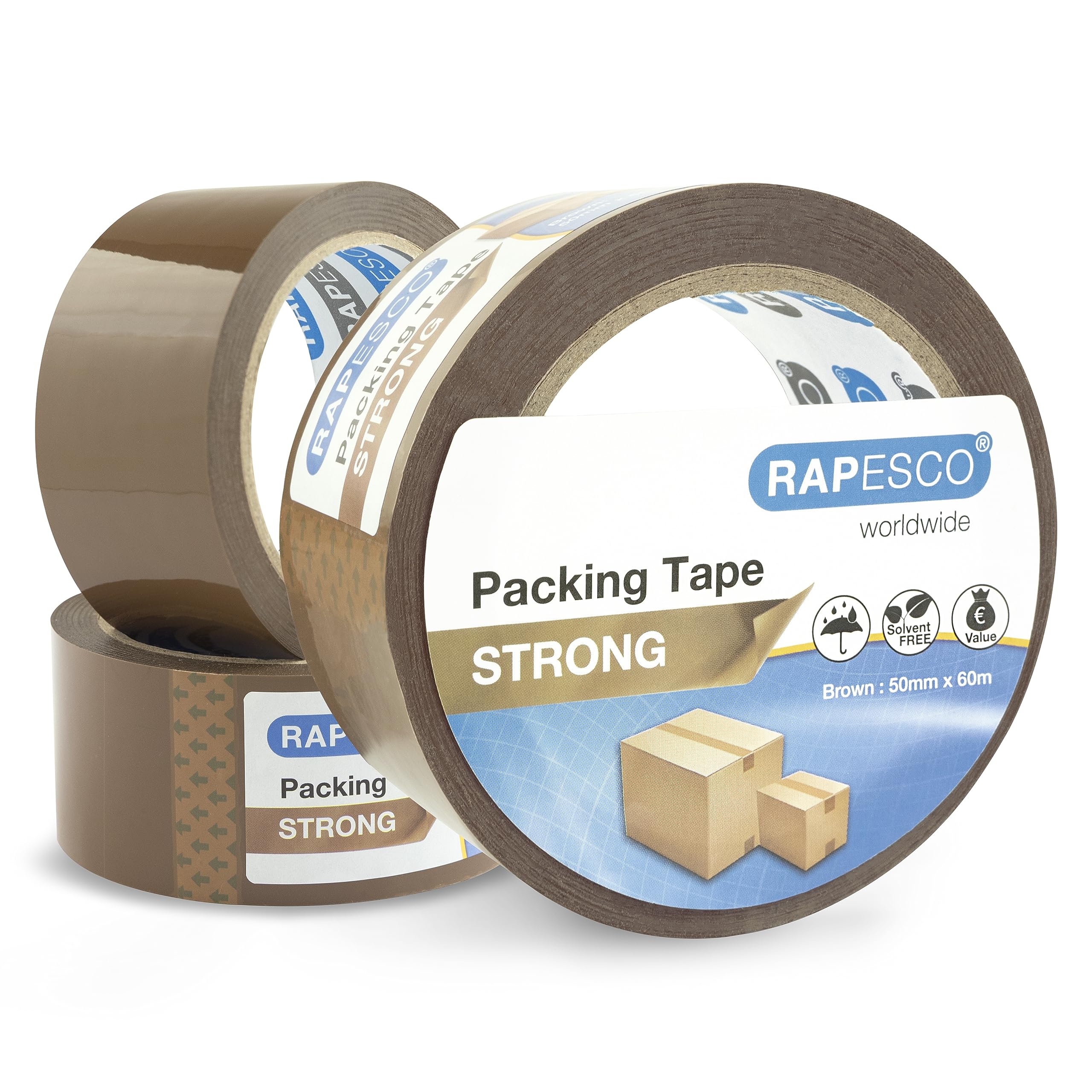 Rapesco 1750 Strong Packing Tape 50mm x 60m, Brown, Pack of 3 — image 1