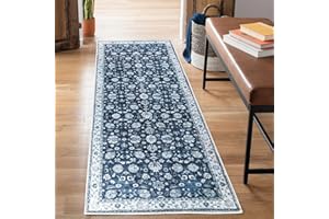 Bloom Rugs Washable Non-Slip 12 ft Runner - Dark Blue Traditional Bordered Runner for Entryway, Hallway, Bathroom, and Kitchen - Exact Size: 2.5' x 12'