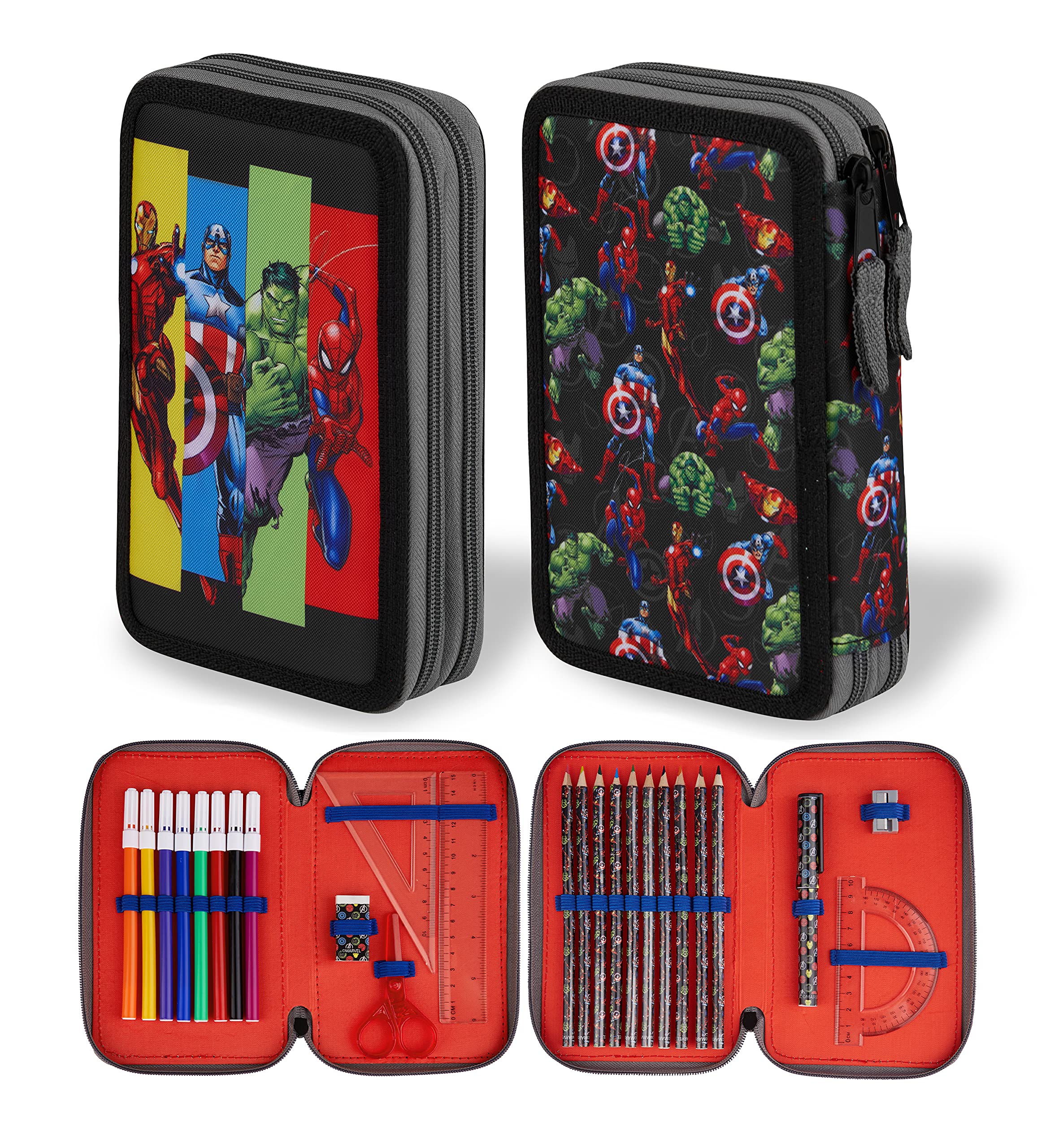 Marvel Pencil Case with Stationery Included School Supplies Filled Large Pencil Case Multiple Compartments Colouring Pencils Pens Boys Stationery Set Gifts for Boys (Avengers Double Zip)