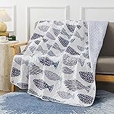 SLPR Sea of Dreams 50" x 60" Quilted Throw Blanket, Blue and White Ocean-Inspired Throw Quilts for Couch and Bed, Nautical Fish Design, Lake Themed Coastal Lap Quilt for Beach House