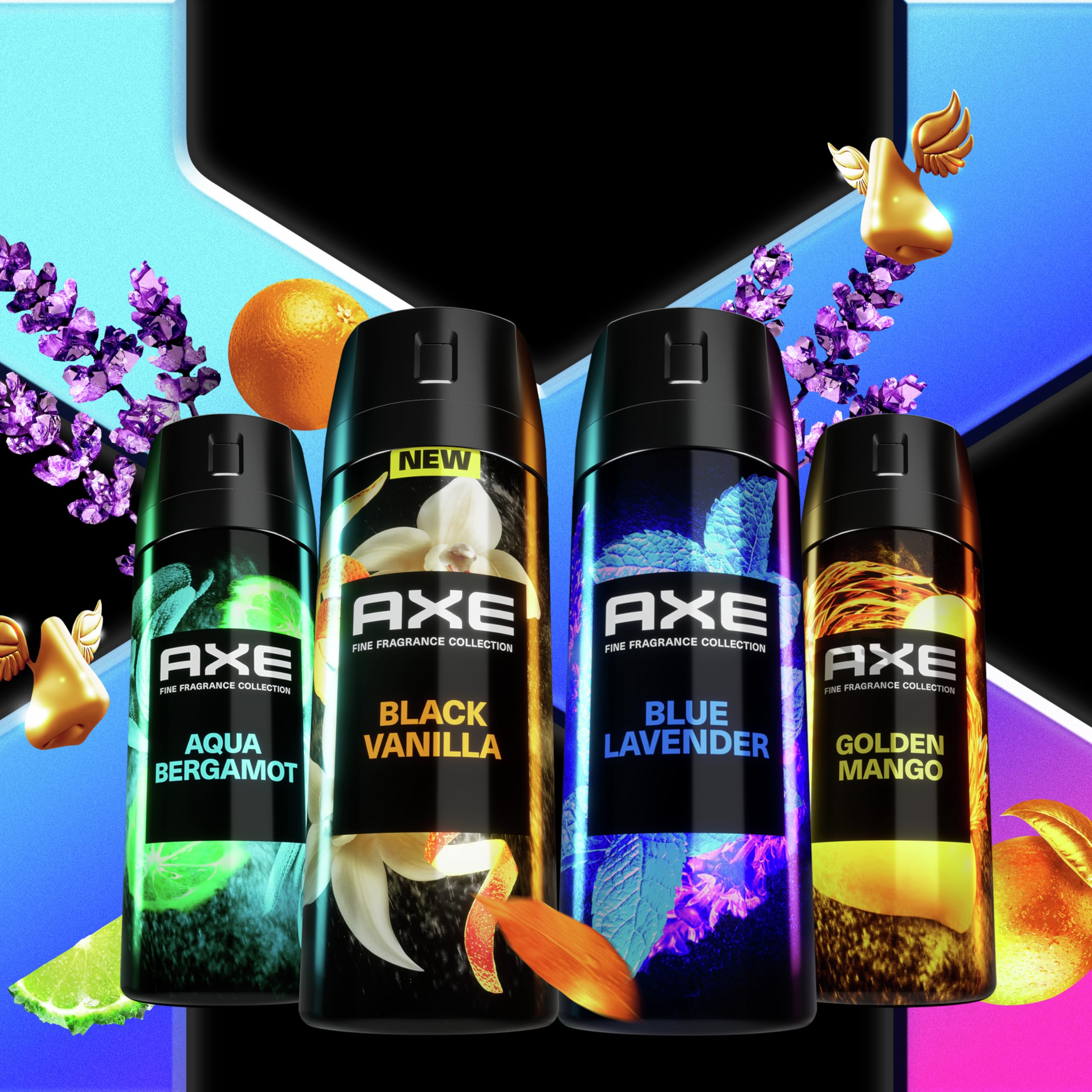 AXE Fine Fragrance Collection Premium Deodorant Body Spray for Men - Variety Pack - Blue Lavender, Aqua Bergamot, Golden Mango, & Black Vanilla - Pack of 4 72H Odor Protection, Aluminum Free, 4 oz