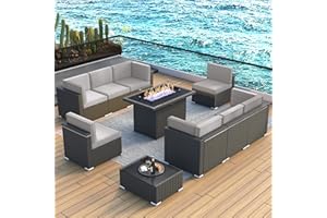 LayinSun 10 Piece Patio Furniture Set with 44" Propane Gas Fire Pit Table, Outdoor Sectional Conversation Set Wicker Rattan Sofa Set with Coffee Table