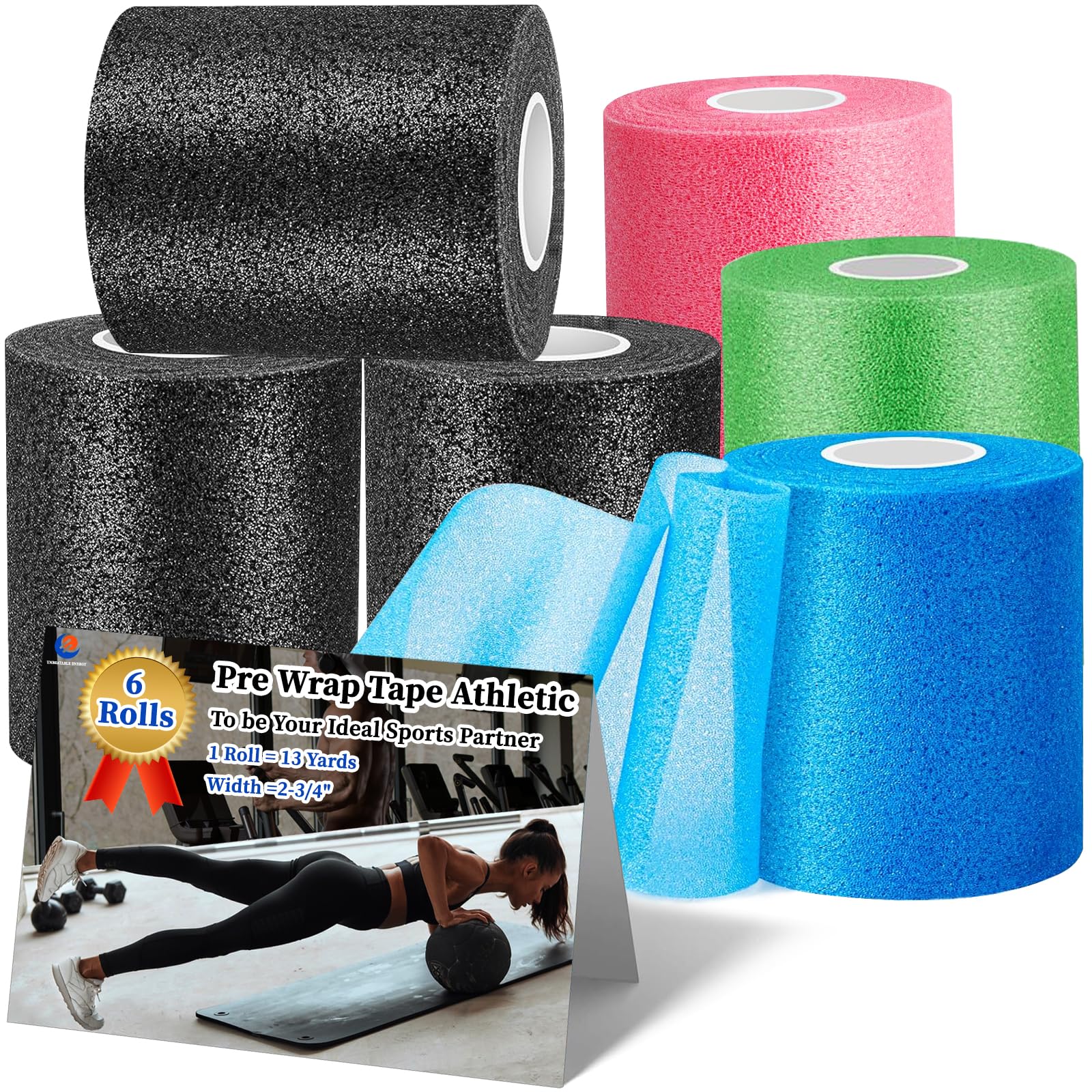 Photo 1 of Pre Wrap for Hair Soccer- 6 Rolls 78yd (234'), Multi Color Athletic Prewrap Tape Headbands, Foam Sport Underwrap Pre-Wrap - Black, Pink, Blue, Green
