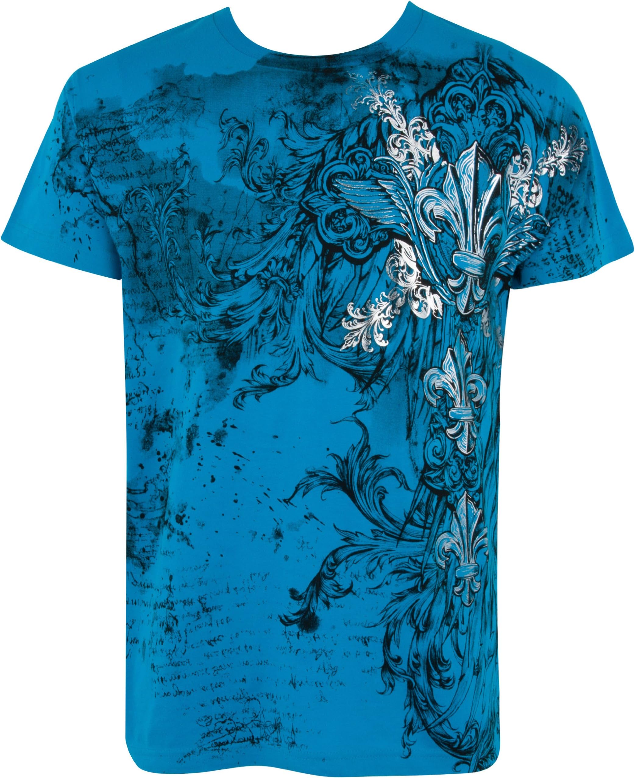 SakkasVines and Fleur De Lis Metallic Silver Embossed Short Sleeve Crew Neck Cotton Mens Fashion T-Shirt