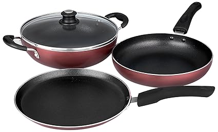 Lifelong Premium Non-Stick Aluminium Cookware Set, 3-Pieces, Maroon (Induction & Gas Compatible)