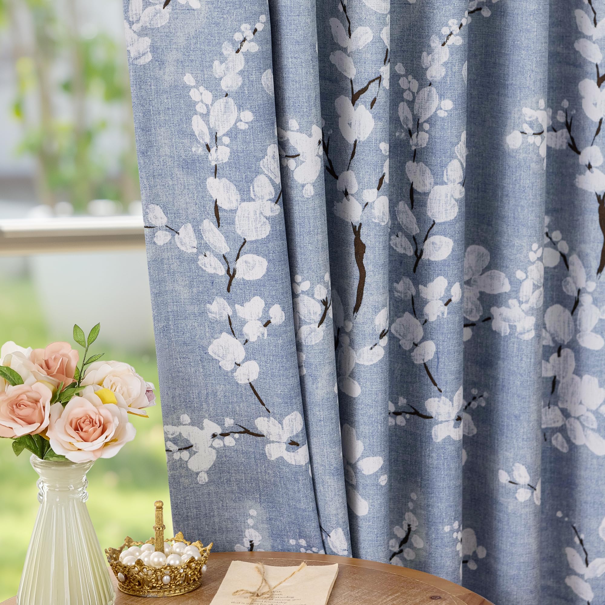 Fmfunctex Blue Floral Blackout Curtains for Bedroom 54 inch Drop Eyelet Curtains for Living Room Nursary Blossom Thermal Insulated Window Curtain Panels 2 Panels White on Blue