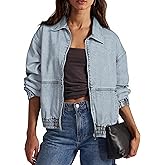 Glamaker Womens Oversized Denim Jacket Trendy Casual Zip Up Long Sleeve Loose Fit Jean Jackets Outfits Outerwear