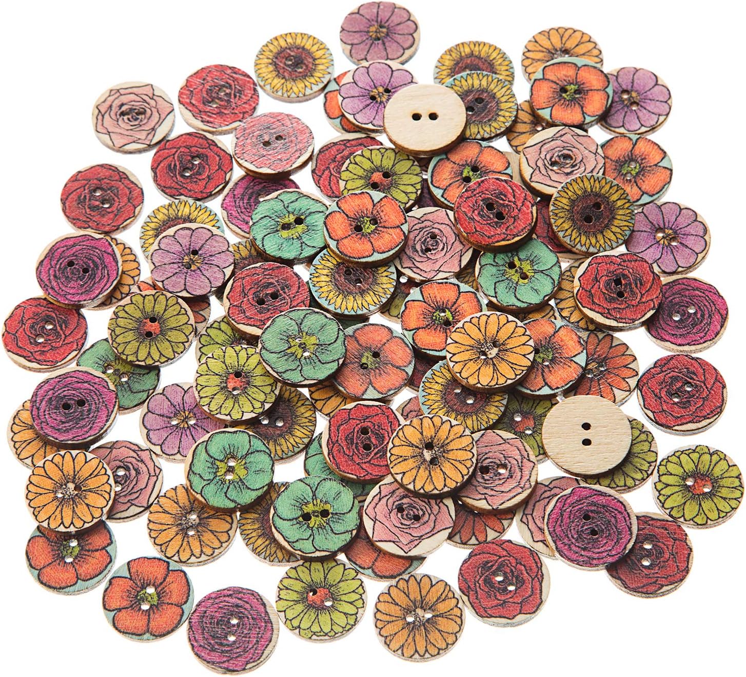EMAAN 20mm Vintage Wood Button,Flower Pattern 2 Hole Round Craft Button Sewing DIY Crafts Decoration, Random Shining Sewing Crafting Pack of 100pcs