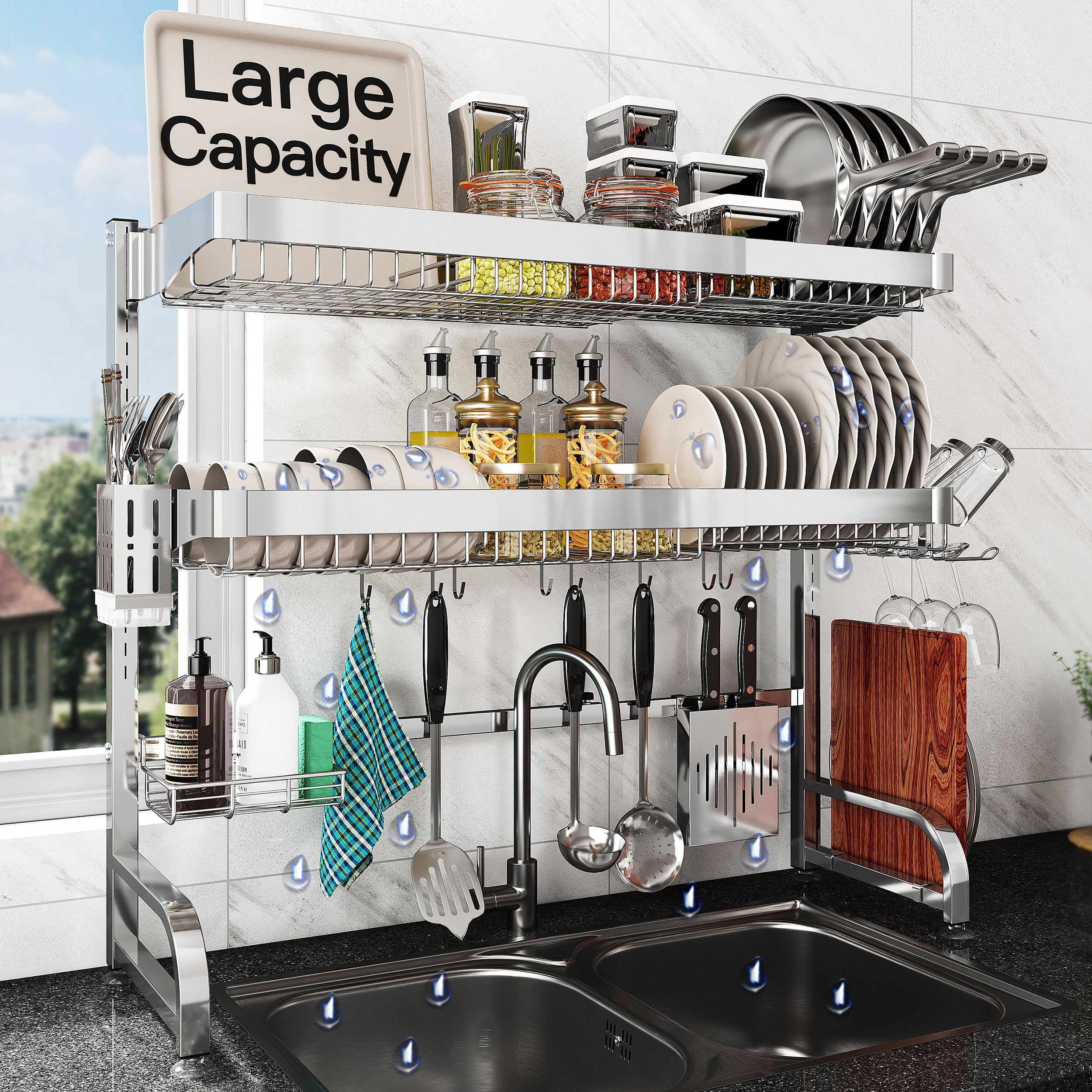 Photo 1 of 3 Tier Extra Large Stainless Steel Expandable Over The Sink Dish Drainer Drying Rack, Rust Proof Metal, Space Saving, Modern Silver Big Capacity Extendable Plate Strainers Above Kitchen Counter