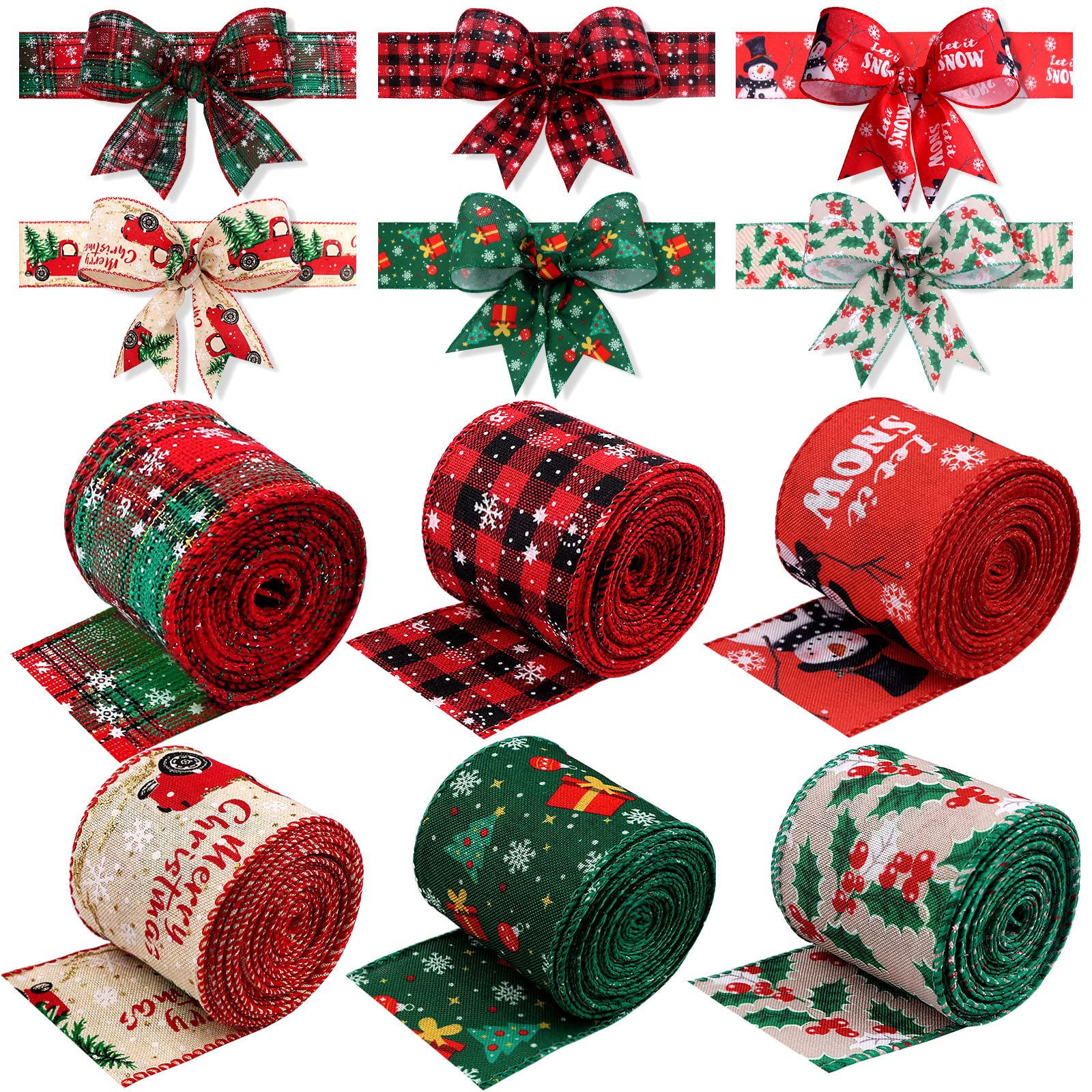 Kalolary 6 Rolls Christmas Burlap Wired Edge Ribbons, Buffalo Plaid Snowflake Moose Snowmen Red Berries Ribbons for Christmas Crafts