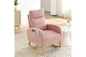 JEEOHEY Rocking Chair Nursery,Teddy Fabric Upholstered Baby Glider Rocker Chair,Comfy Accent Arm Chair with Side Pockets&Solid Wood Legs,Modern Nursing Single Sofa Chair for Living Room,Bedroom(Pink)