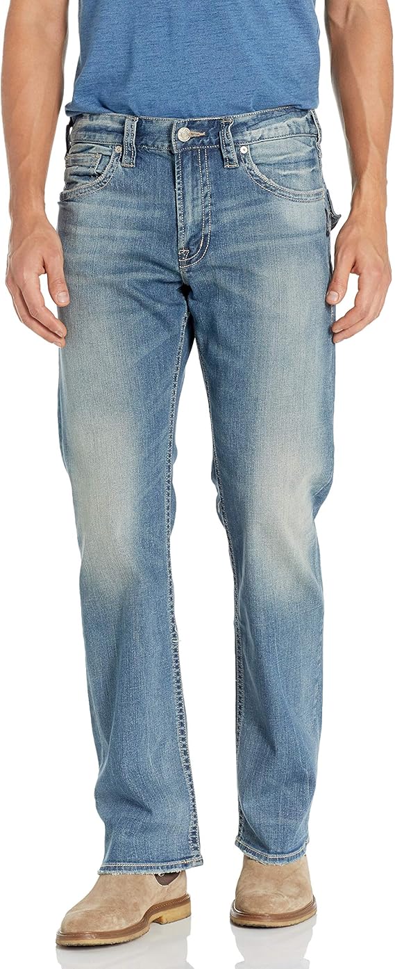 Silver Jeans Men's Zac Medium Wash Flap Relaxed Fit Straight Leg at Amazon Menâs Clothing store