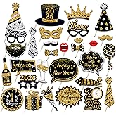 30Pcs New Year's Eve Photo Booth Props with Stick, 2026 NYE Theme Selfie Props, NY Party Supplies, Photography Backdrop Decorations Kit