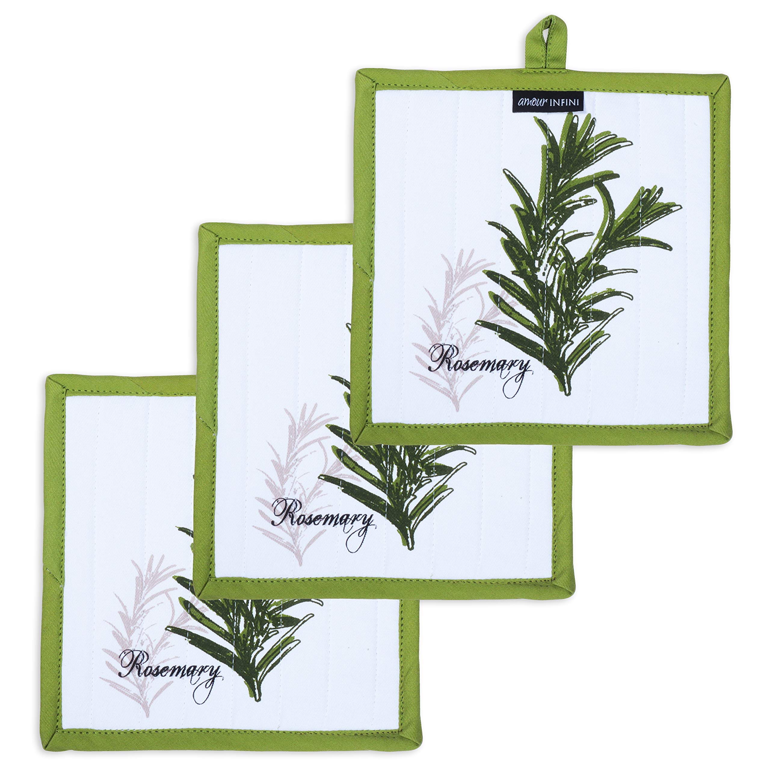 AMOUR INFINI Set of 3 Pot Holders Herb Garden | 20 x 20 cm | 100% Cotton Machine Washable & Durable Hot pads with Hanging Loop | Quilted Liner for Heat Resistance
