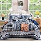 WONGS BEDDING Navy Blue Quilt Set King Size,Bohemian Patchwork Bedspread Coverlet Set, Reversible Farmhouse Floral Pattern Bedspreads Bedding Set for All Seasons (104"x90")