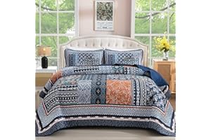 WONGS BEDDING Navy Blue Quilt Set Queen Size,Bohemian Patchwork Bedspread Coverlet Set, Reversible Farmhouse Floral Pattern Bedspreads Bedding Set for All Seasons (96"x90")