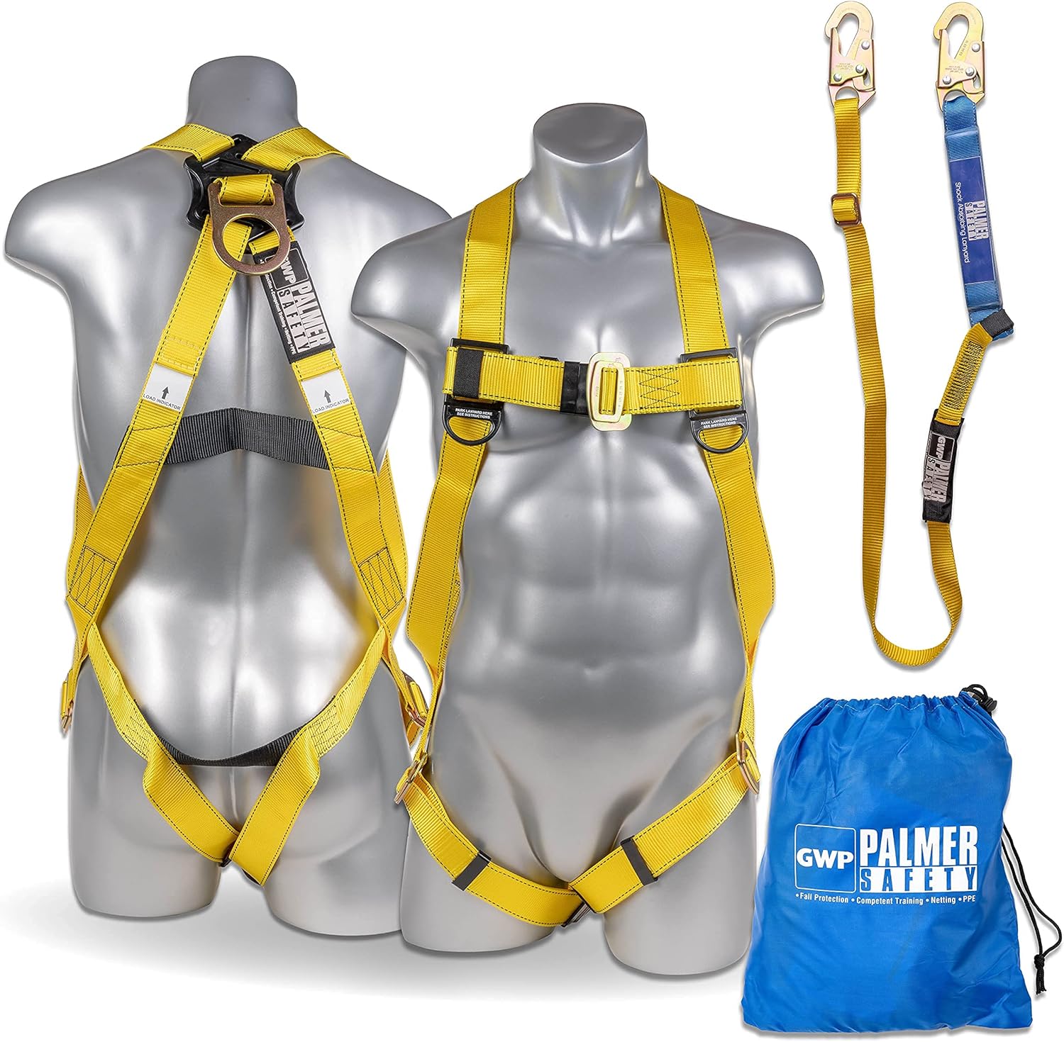 Palmer Safety Fall Protection Safety Harness w/Detachable 6' Single Leg Lanyard I EXTERNAL Shock Absorber Lanyard I OSHA/ANSI Fall Arrest Kit I Ideal for Industrial & Construction Use (Yellow - 1pk) - - 