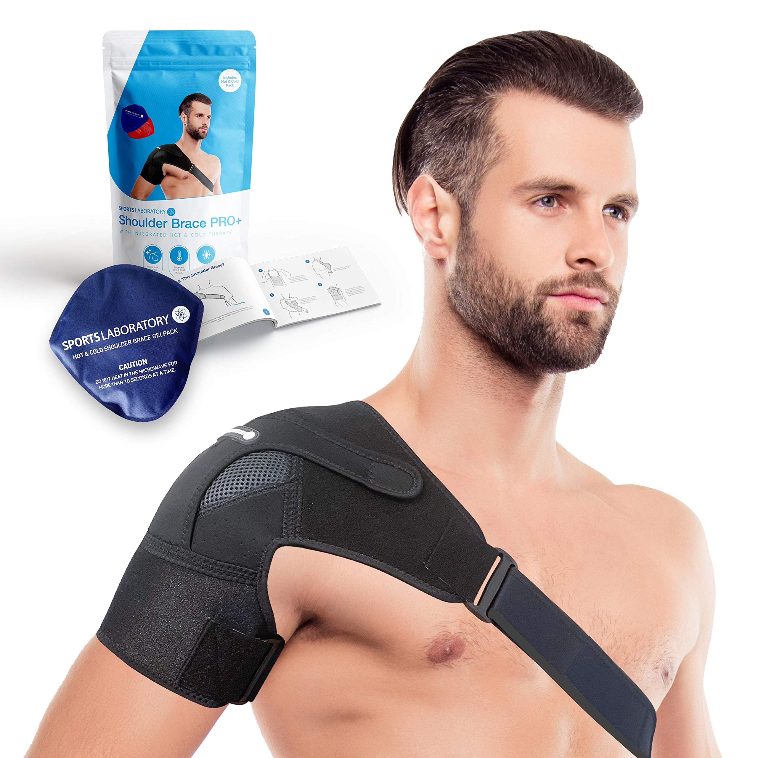 Sports Laboratory Shoulder Support for Women and Men, Shoulder Brace Includes Hot and Cold Gel Pack for Frozen Shoulder, Rotator Cuff Pain Relief, Adjustable Shoulder Strap for Extra Comfort (Large)