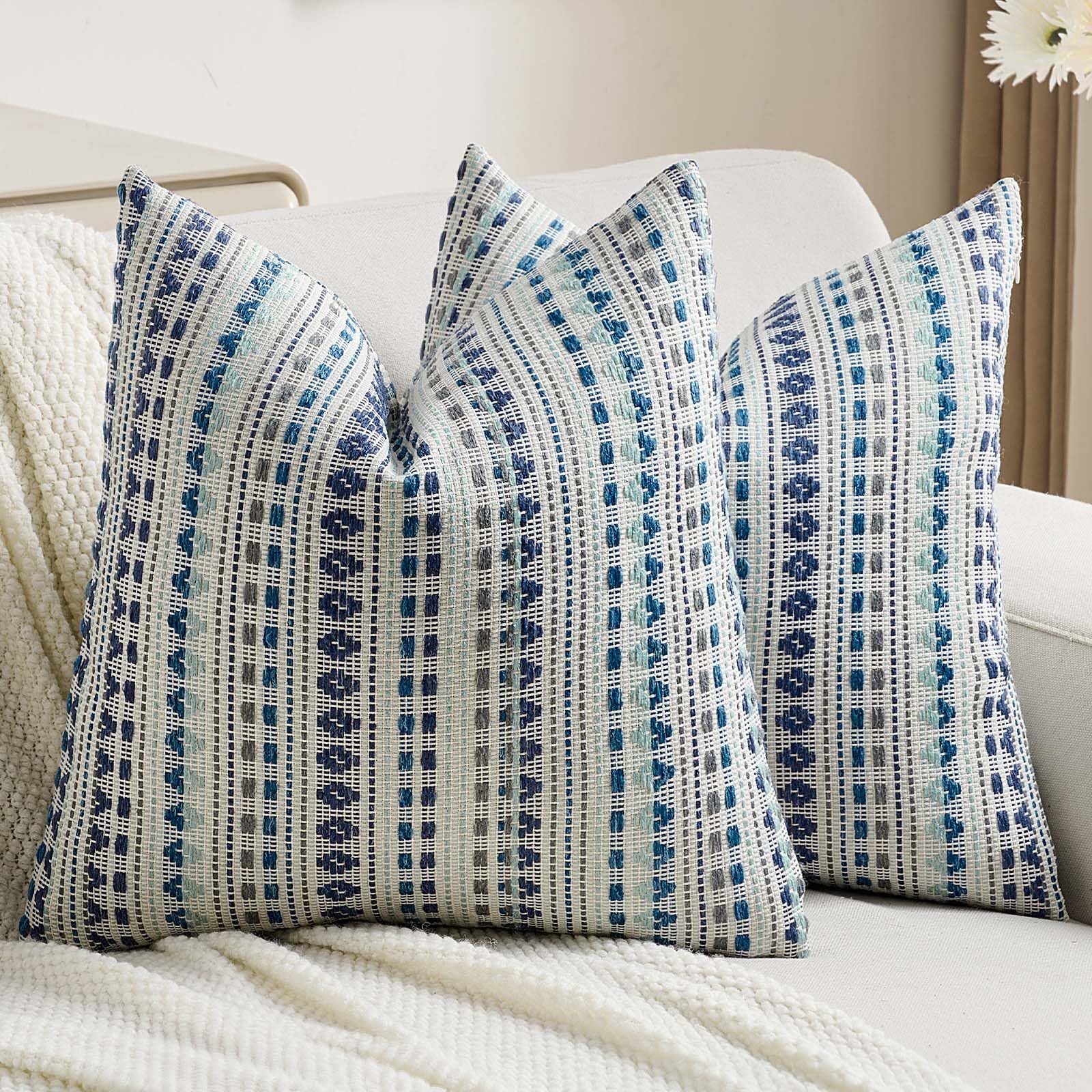 Photo 1 of FUTEI Blue Grey Decorative Throw Pillow Covers 18x18 Inch Set of 2,Soft Cozy Chenille Jacquard Textured Cushion Case,Boho Home Decor for Couch Bed Living Room