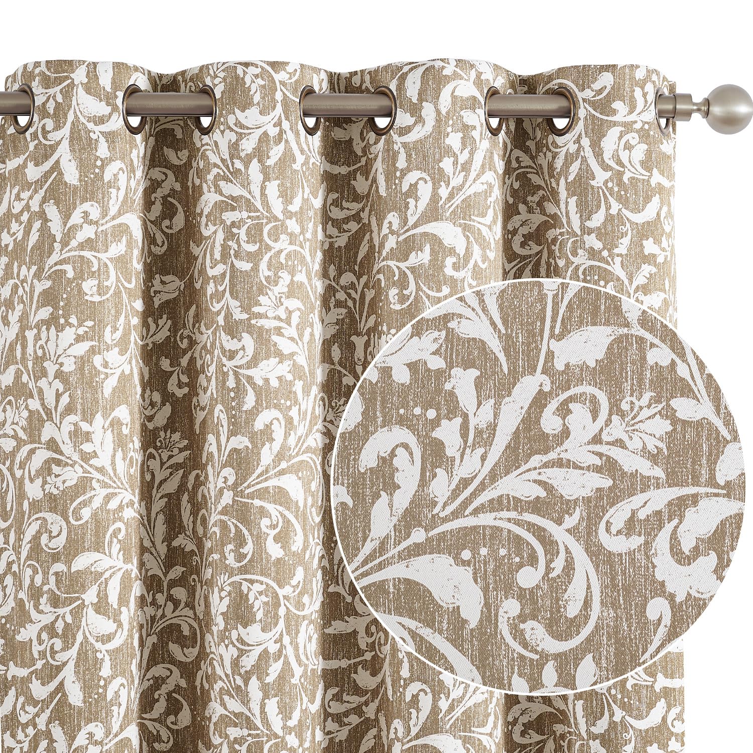 Photo 1 of COLLACT 100% Blackout Curtains for Bedroom Taupe Scroll Floral Patterned Curtains 96 Inches Long Farmhouse Thermal Insulated Room Darkening Drapes Grommet Top Drapes 2 Panels W52 x L96 Taupe