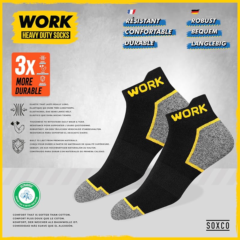 10 Pairs Socquettes de travail noires homme | Technologie DRI-WIK d’évacuation de l’humidité | Semelle ultra douce et coussinée | Talon et pointe renforcés | WORK socks lot de 10 paires, 39-42