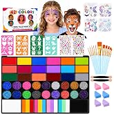 JIVVEXO 42 Colors Halloween Face Painting Kit for Kids, Face Paint Palette | Water Activated Washable Face Paint with Stencils, Brushes and Sponges