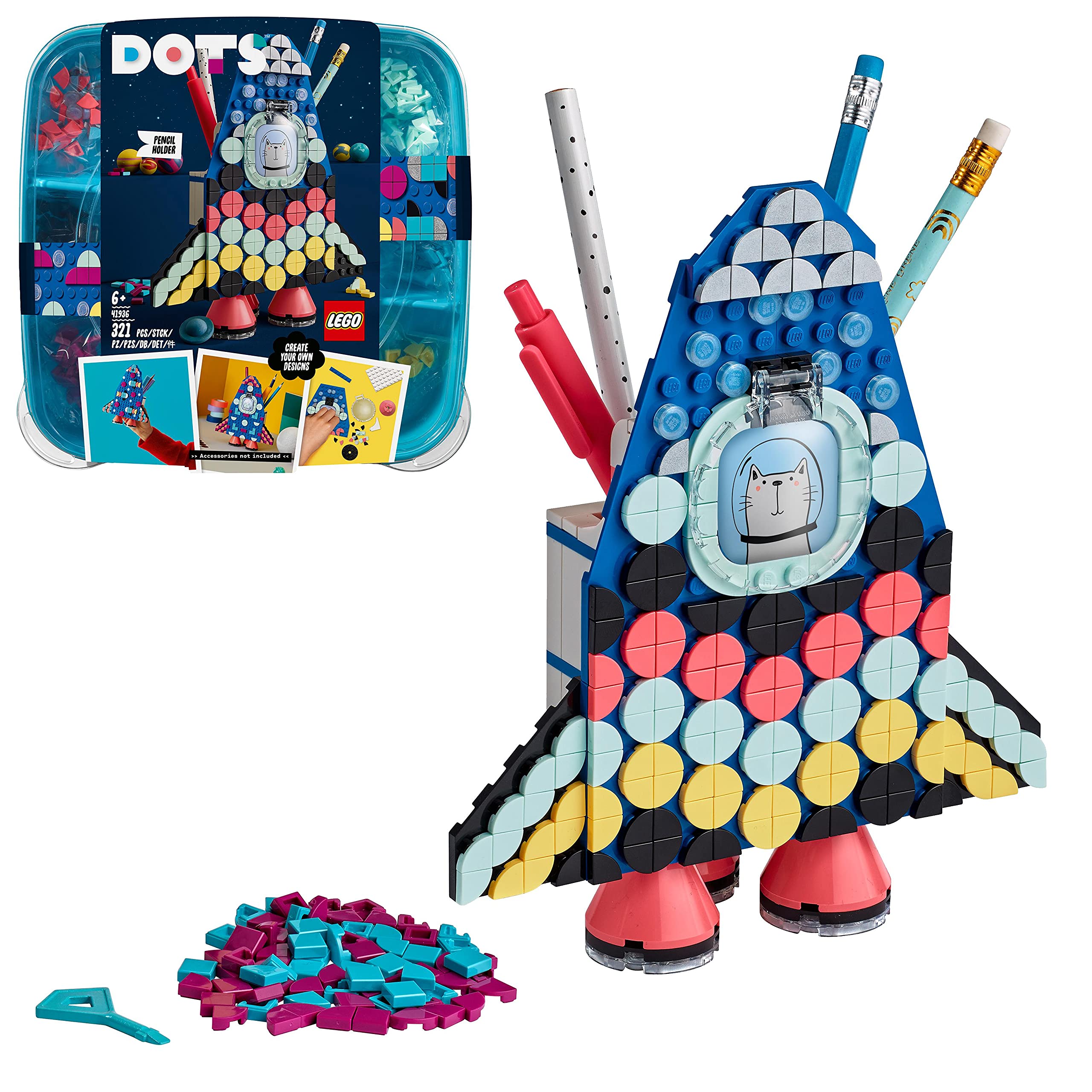LEGO 41936 DOTS Pencil Holder Rocket Toy Desk Décoration, Creative Activities, Arts & Crafts Set for Kids Age 6