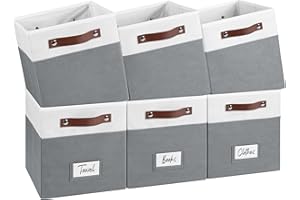 FINISHINGBO 6-Pack Collapsible Fabric Storage Cubes with Handles & Label Holders, Closet Cube Home Organizer Bins (White/Dark Grey, 10.5*10.5*11 inch)