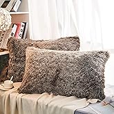 JAUXIO Faux Fur Decorative Throw Pillow Shams 2 Pack Luxury Shaggy Pillowcases Crystal Velvet Reverse King Size (Dark Grey Ombre, 20 X 36 Inches)