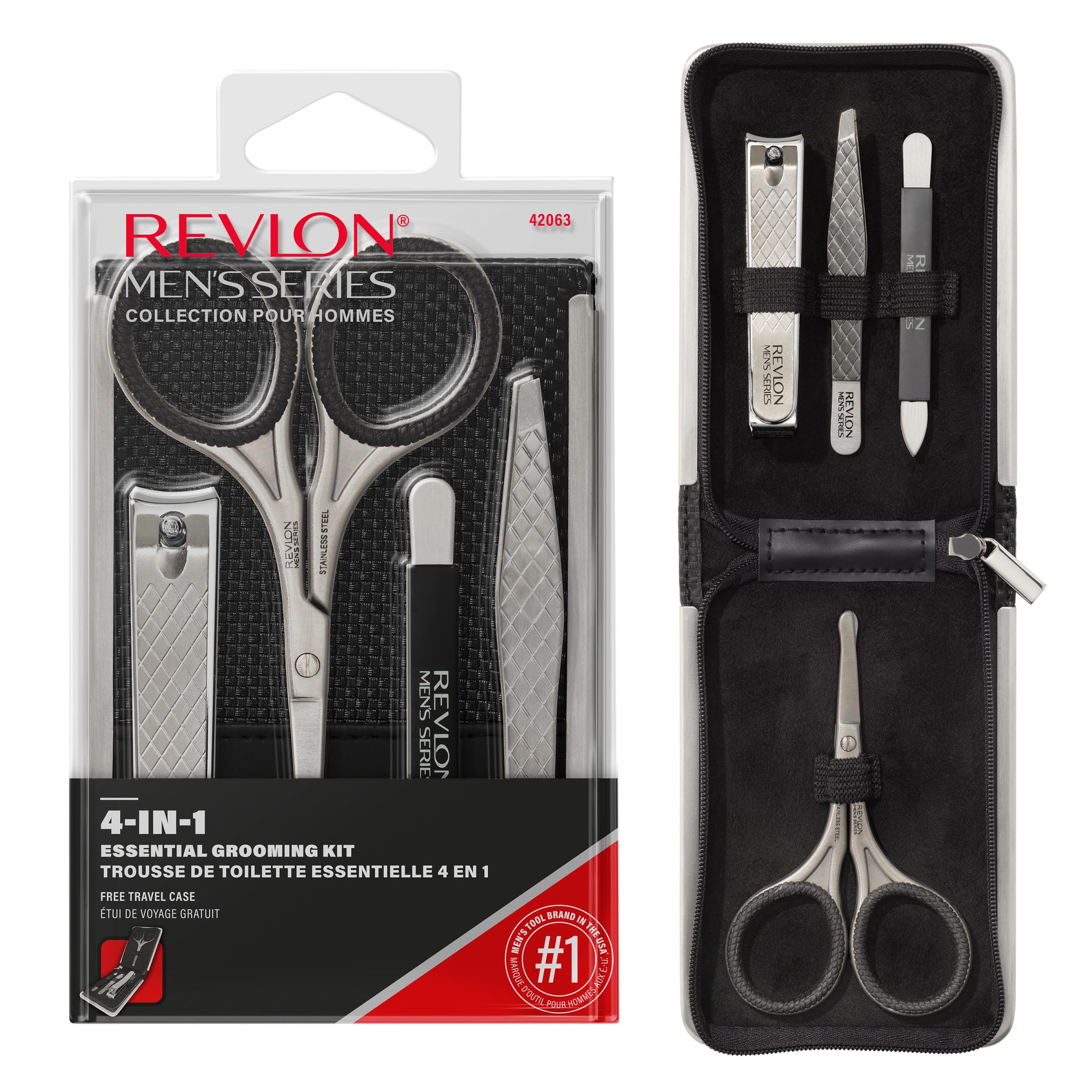 Photo 1 of Revlon Men's Grooming Kit, 5-Piece Travel Essentials Set, Includes Nail Clippers, Scissors, File, Tweezers and Carrying Case, Stainless Steel, 1 count