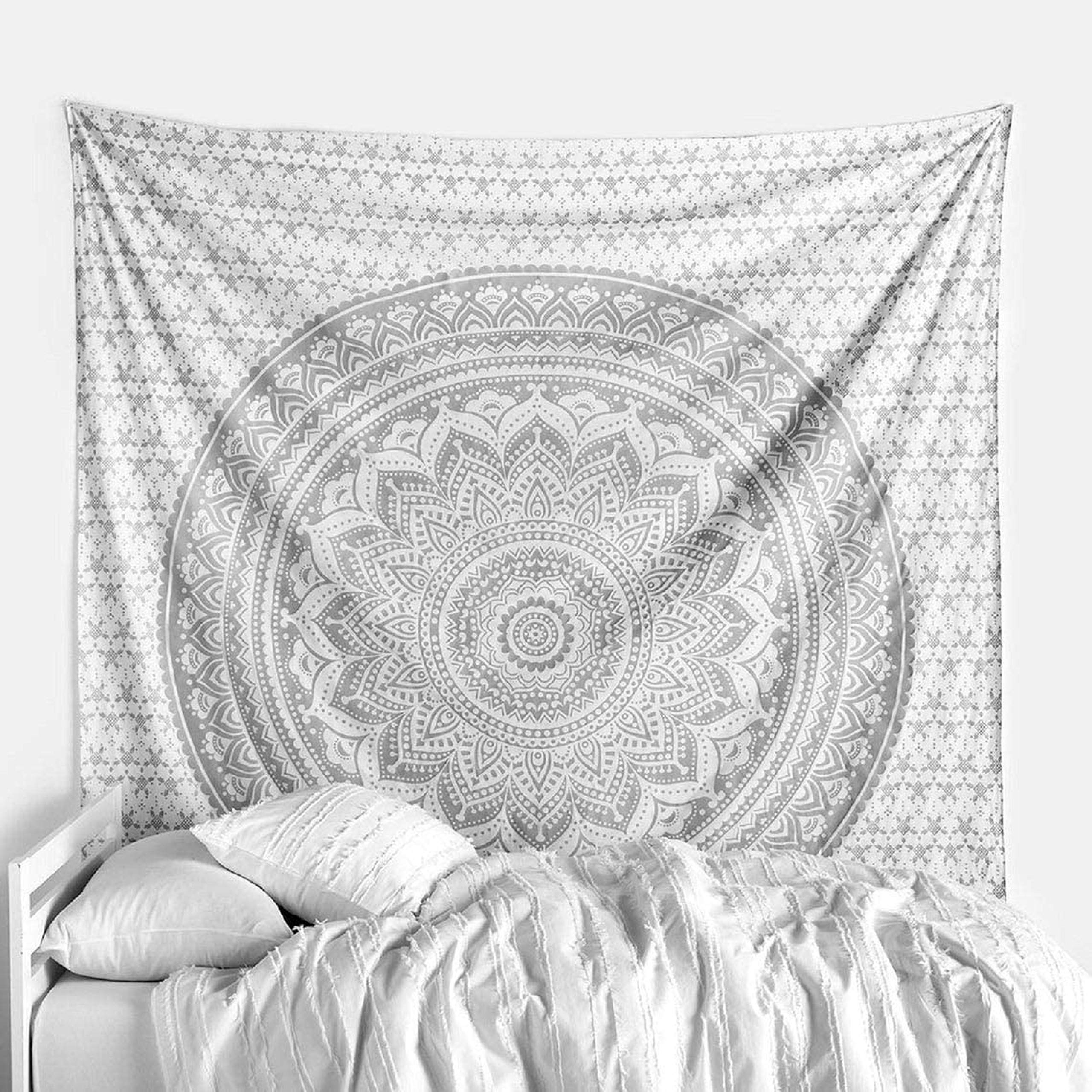 raajsee Metallic Silver Tapestry Grey Mandala Wall Hangings, Indian Cotton Beach Throw Blanket, Hippie Tapestries Boho Decor,Twin Bedspread, Medium (52x60 Inches / 132x152 Cms)