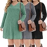 Evervibe 3 Pack Women's Plus Size Dresses Long Sleeve V Neck Ribbed Sweater Loose Casual Lighweight Dress for Curvy Women