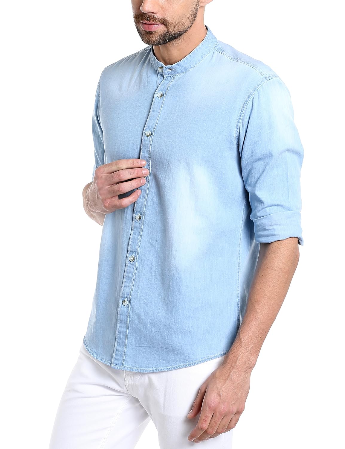 dennis lingo men's denim light blue solid casual shirt