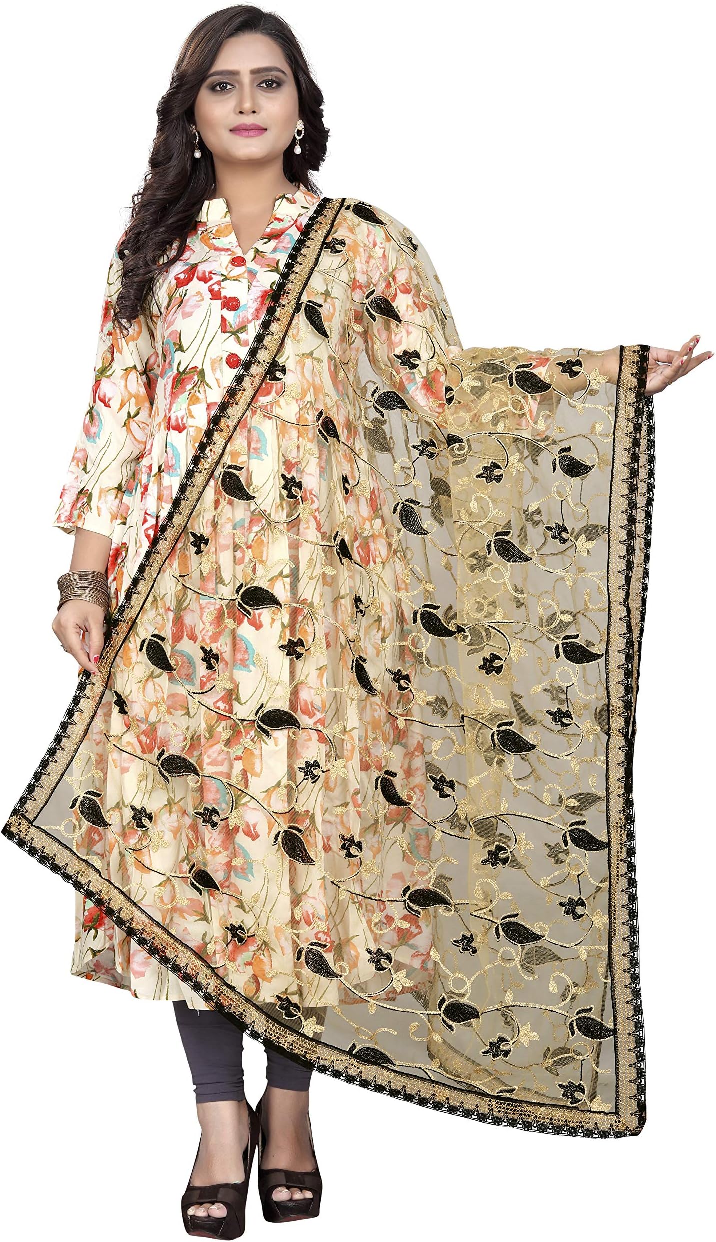 Red Lady Woman's Net Dupatta with Embroidery