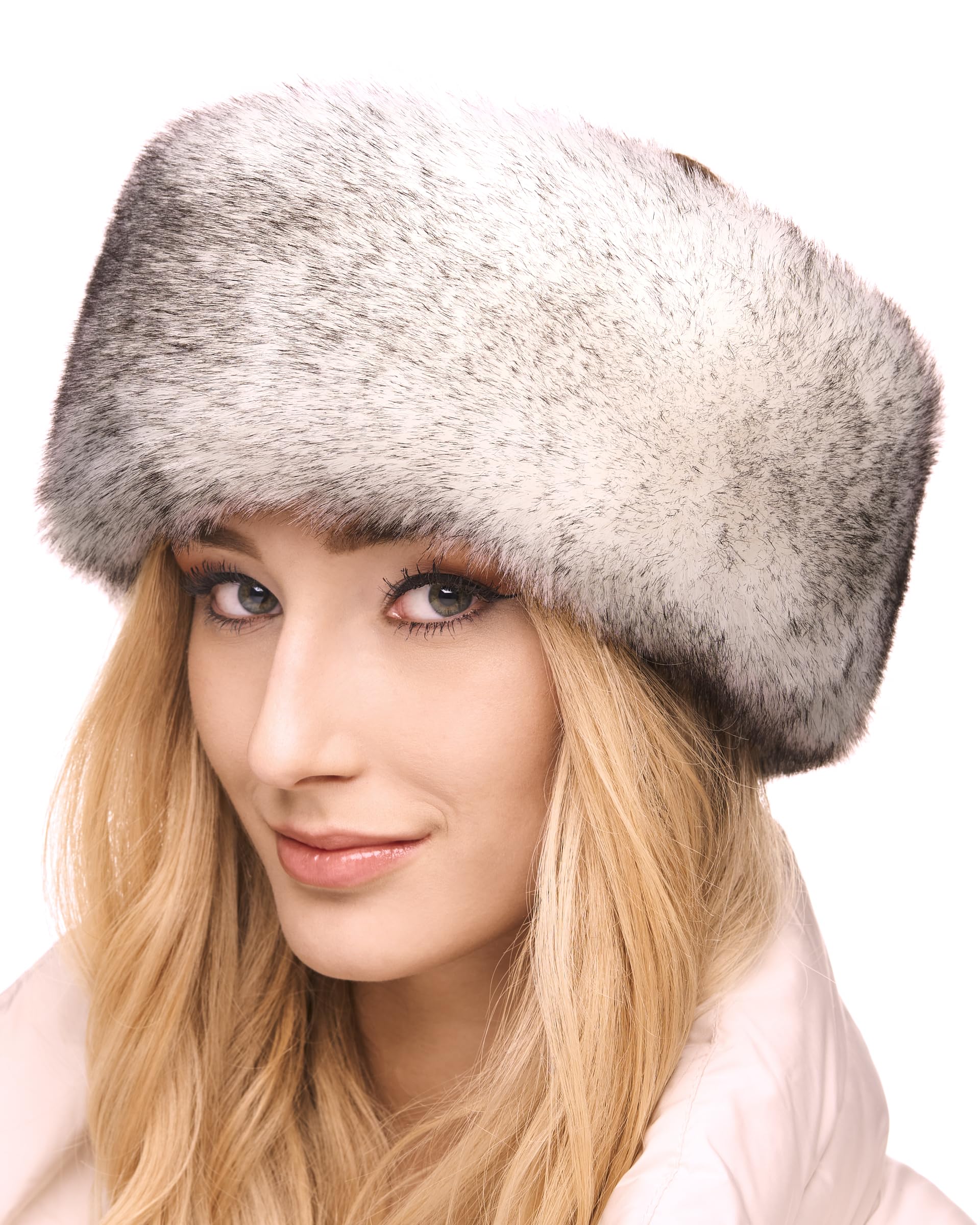 Futrzane Siberian Headband - Womens Faux Fur Headbands - Fluffy Russian Earband - Size M (White with Black Siberian)
