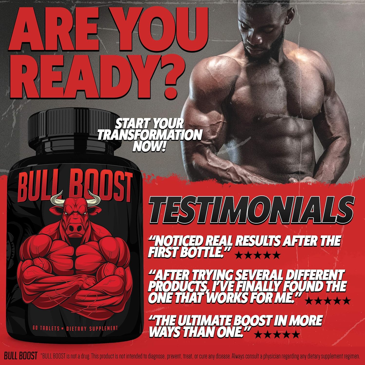 Bull Boost Testosterone Booster for Men - Enlargement Supplement - Increase Size, Strength, Stamina - Energy Enhancing, Mood, Endurance Boost - Natural Male - 1 Month Supply - Made in USA: Health & Personal Care