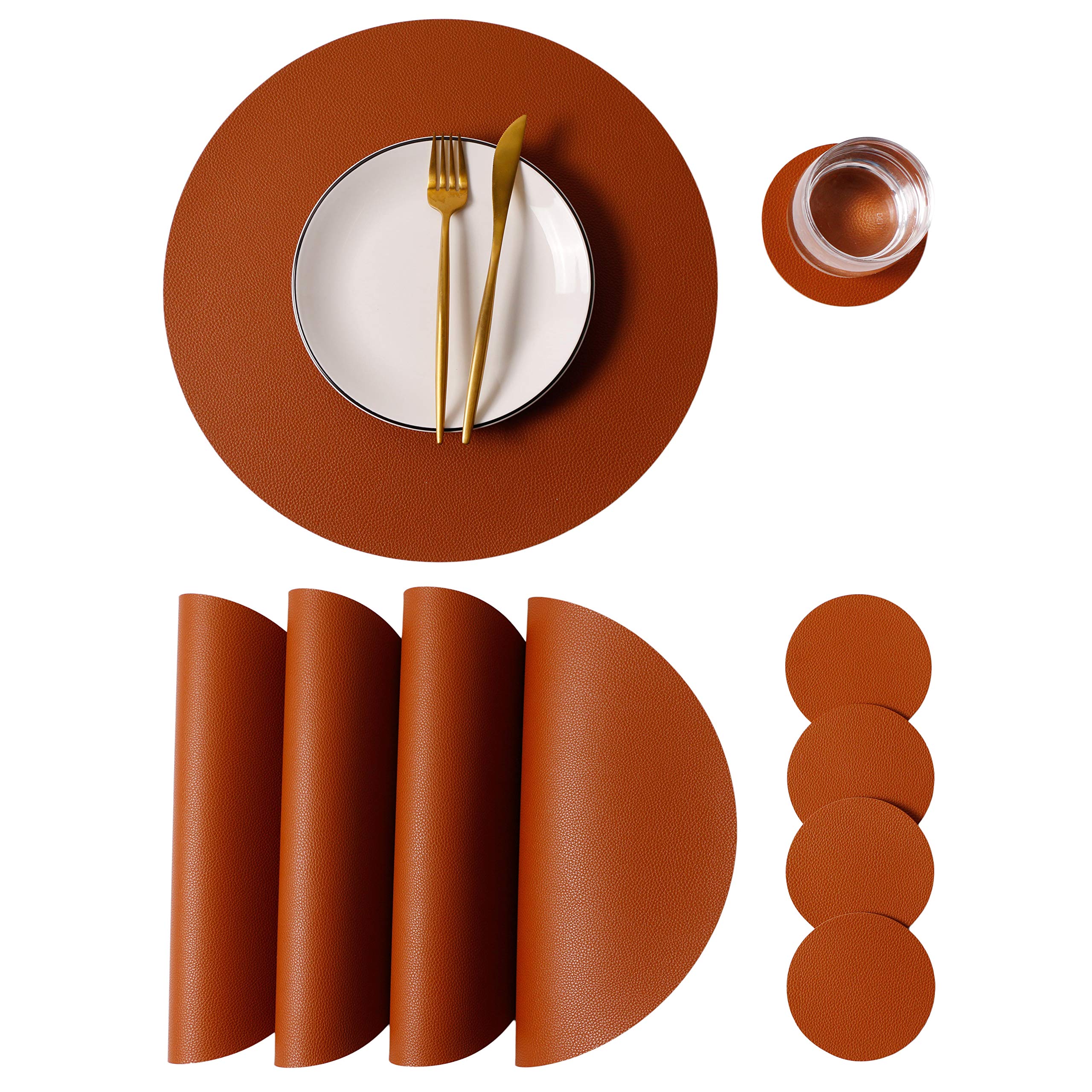 Wipeable Placemats and Coasters Leather Table Mats Waterproof Heat-Resistant Easy to Clean for Dining Table Set Kitchen Table Set of 4, Brown