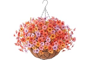 INXUGAO Artificial Fake Hanging Flowers Plants with Basket Outdoor, Faux Silk Colorful Daisy Metal Coconut Lining Plastic Shrubs, Farmhouse Home Garden Patio Yard Decor (Orange Yellow Purple Pink)