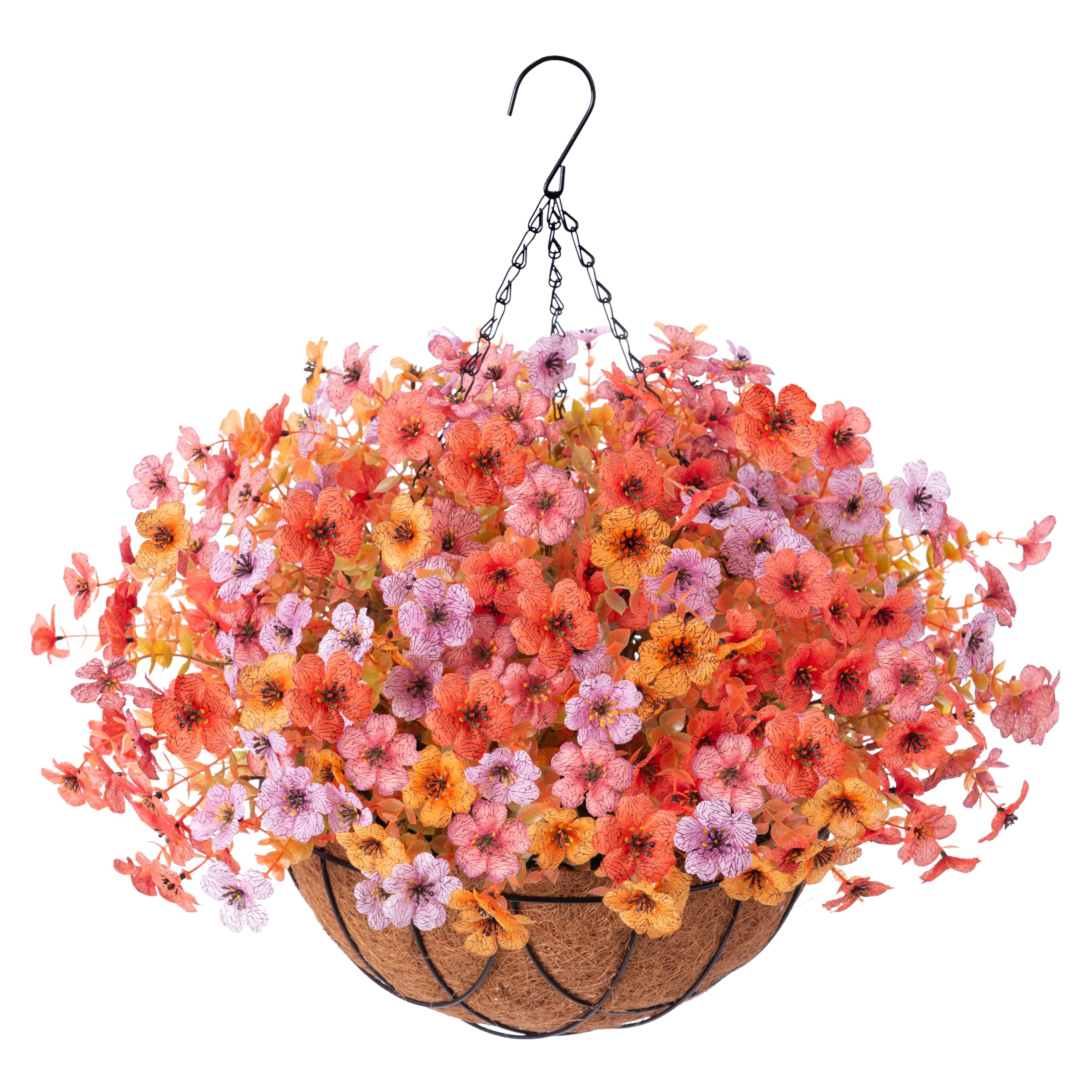 INXUGAO Artificial Fake Hanging Flowers Plants with Basket Outdoor, Faux Silk Colorful Daisy Metal Coconut Lining Plastic Shrubs, Farmhouse Home Garden Patio Yard Decor (Orange Yellow Purple Pink)